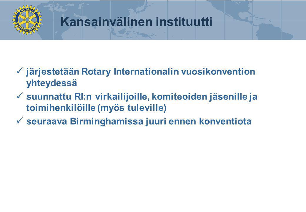 Kansainvälinen instituutti  järjestetään Rotary Internationalin vuosikonvention yhteydessä  suunnattu RI:n virkailijoille, komiteoiden jäsenille ja toimihenkilöille (myös tuleville)  seuraava Birminghamissa juuri ennen konventiota