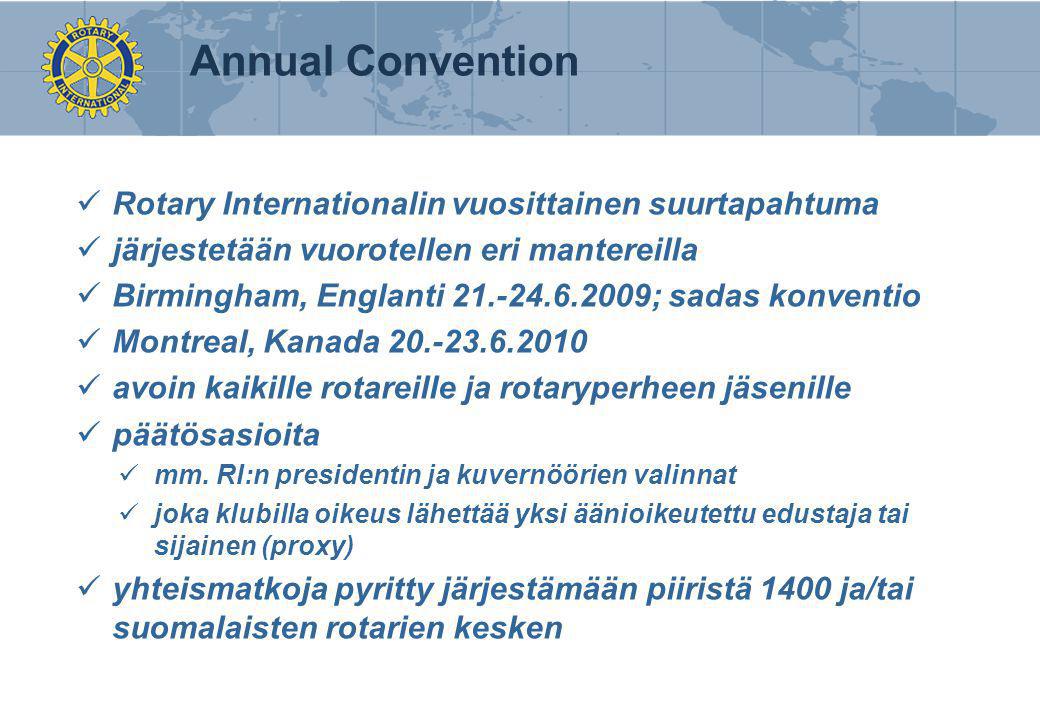 Annual Convention  Rotary Internationalin vuosittainen suurtapahtuma  järjestetään vuorotellen eri mantereilla  Birmingham, Englanti ; sadas konventio  Montreal, Kanada  avoin kaikille rotareille ja rotaryperheen jäsenille  päätösasioita  mm.