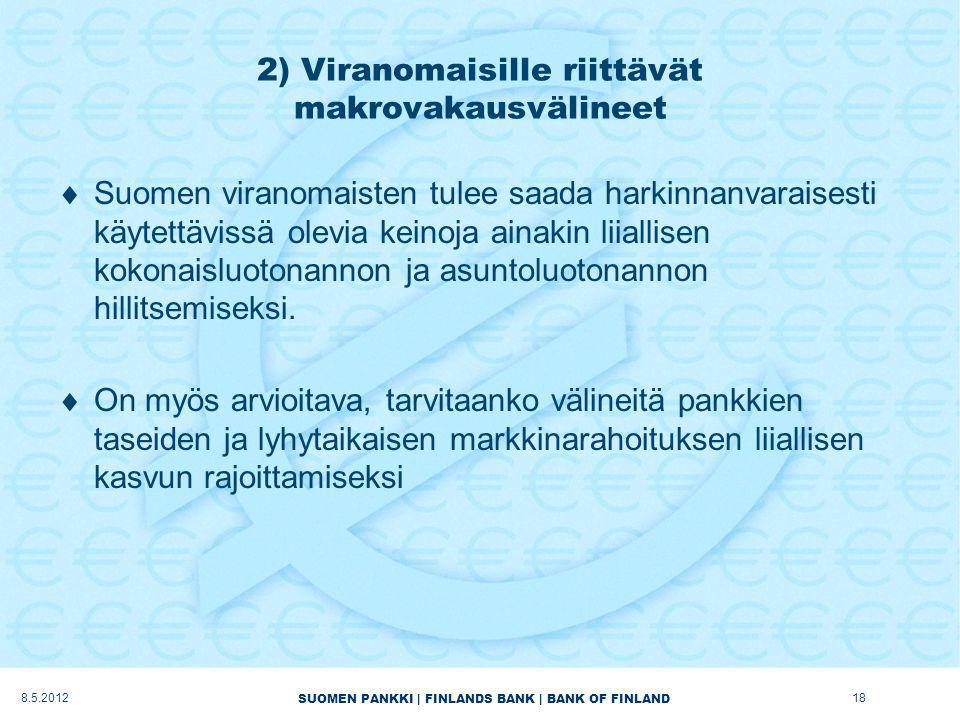 SUOMEN PANKKI | FINLANDS BANK | BANK OF FINLAND 2) Viranomaisille riittävät makrovakausvälineet  Suomen viranomaisten tulee saada harkinnanvaraisesti käytettävissä olevia keinoja ainakin liiallisen kokonaisluotonannon ja asuntoluotonannon hillitsemiseksi.