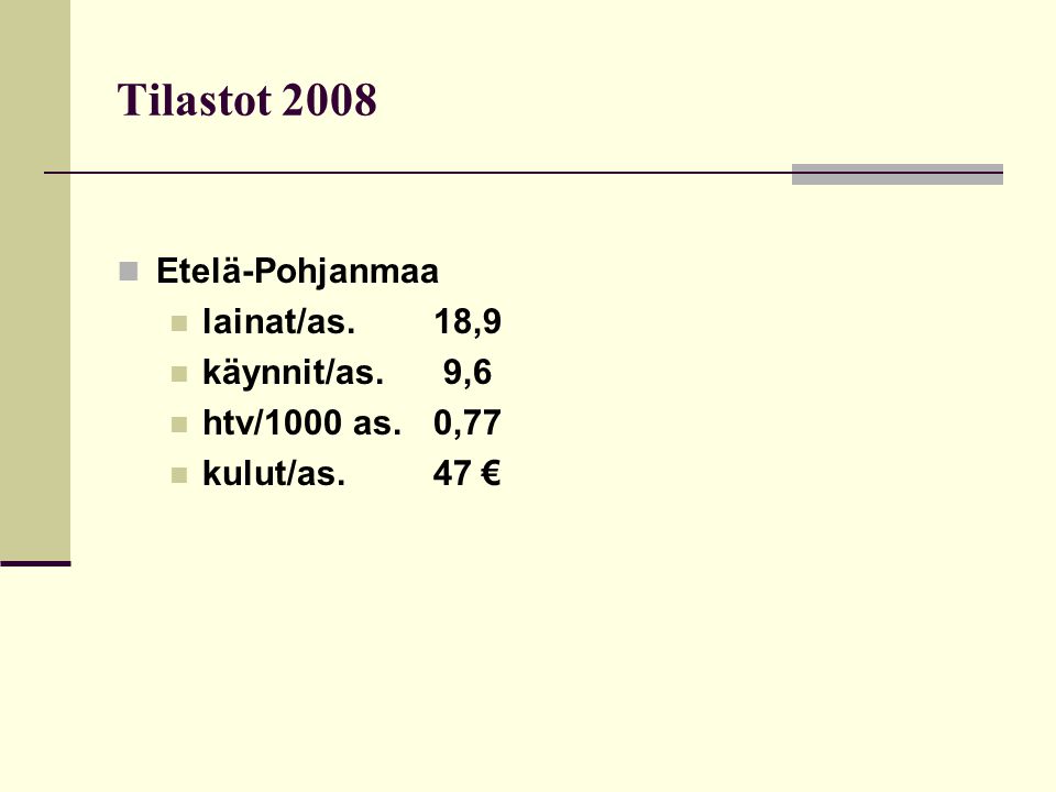 Tilastot 2008  Etelä-Pohjanmaa  lainat/as.18,9  käynnit/as.