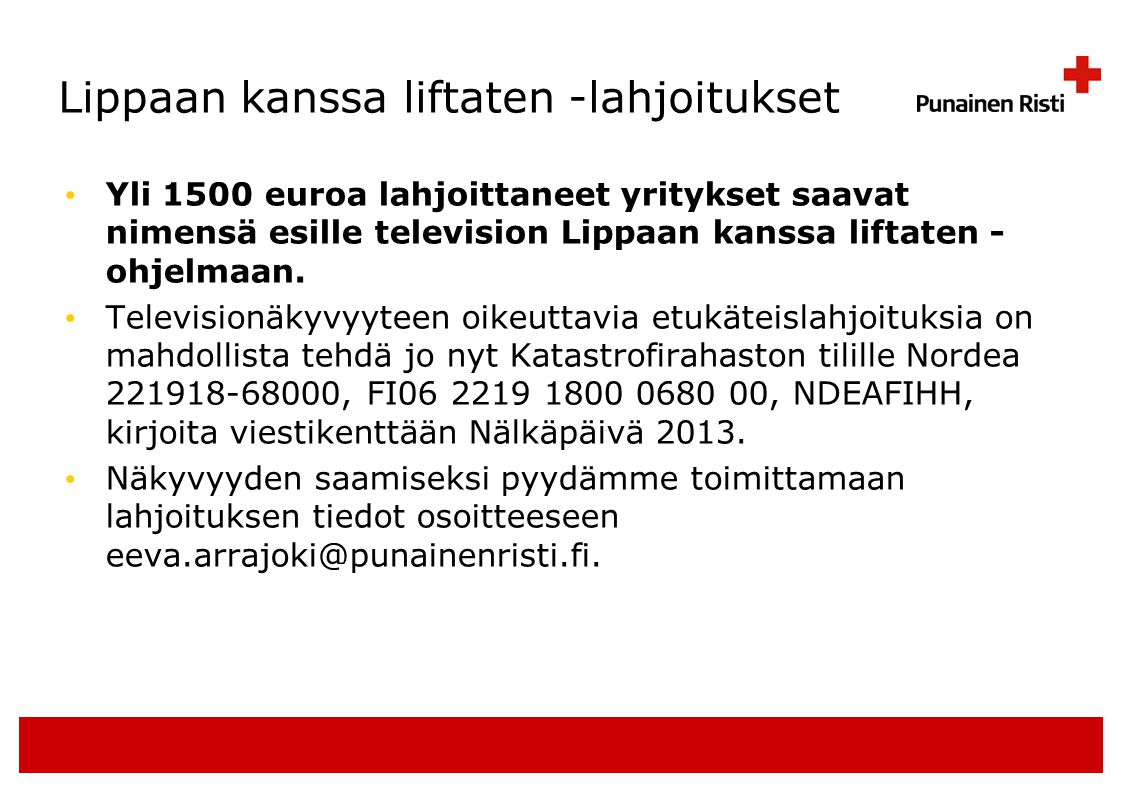 Lippaan kanssa liftaten -lahjoitukset • Yli 1500 euroa lahjoittaneet yritykset saavat nimensä esille television Lippaan kanssa liftaten - ohjelmaan.