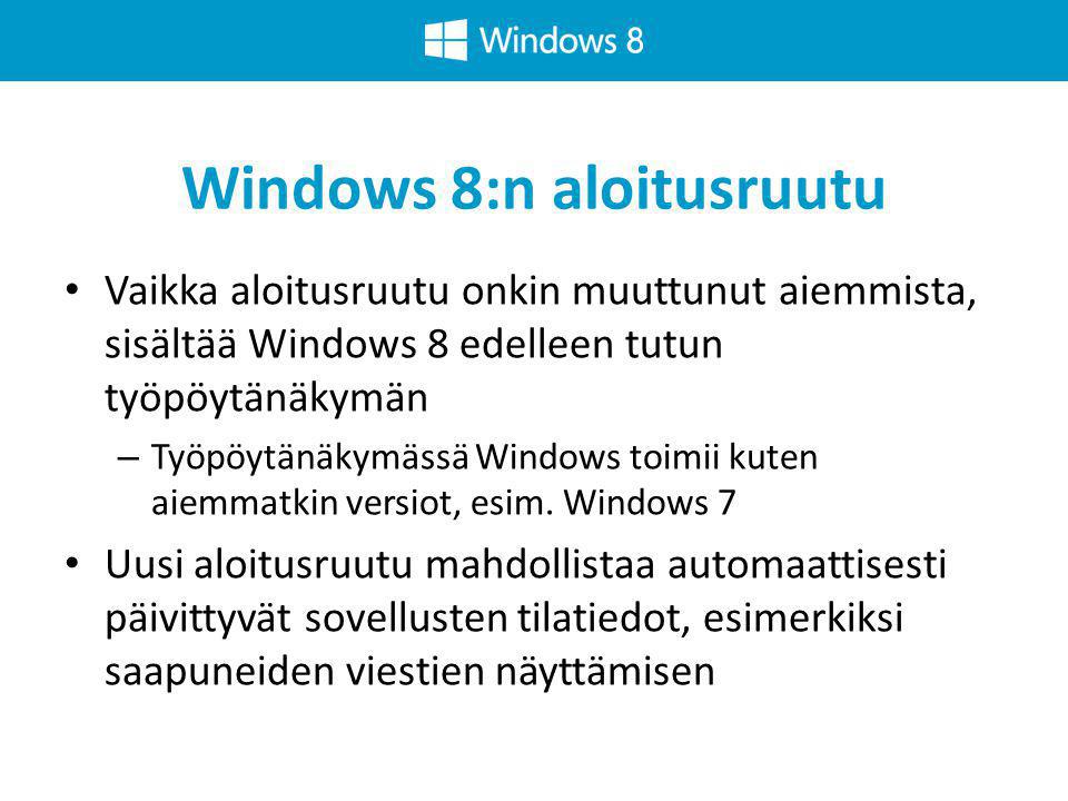 Windows 8:n aloitusruutu • Vaikka aloitusruutu onkin muuttunut aiemmista, sisältää Windows 8 edelleen tutun työpöytänäkymän – Työpöytänäkymässä Windows toimii kuten aiemmatkin versiot, esim.