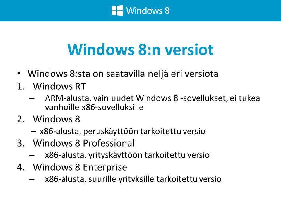 Windows 8:n versiot • Windows 8:sta on saatavilla neljä eri versiota 1.Windows RT – ARM-alusta, vain uudet Windows 8 -sovellukset, ei tukea vanhoille x86-sovelluksille 2.Windows 8 – x86-alusta, peruskäyttöön tarkoitettu versio 3.Windows 8 Professional – x86-alusta, yrityskäyttöön tarkoitettu versio 4.Windows 8 Enterprise – x86-alusta, suurille yrityksille tarkoitettu versio