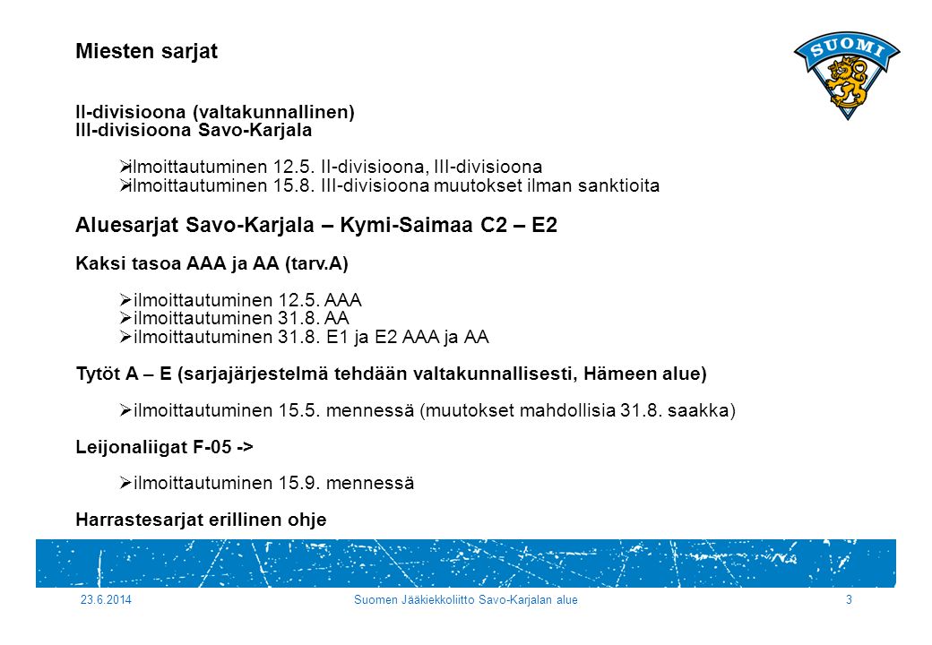 Suomen Jääkiekkoliitto Savo-Karjalan alue3 Miesten sarjat II-divisioona (valtakunnallinen) III-divisioona Savo-Karjala  ilmoittautuminen 12.5.