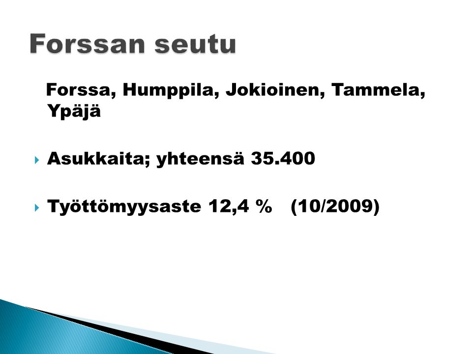 Forssa, Humppila, Jokioinen, Tammela, Ypäjä  Asukkaita; yhteensä  Työttömyysaste 12,4 % (10/2009)