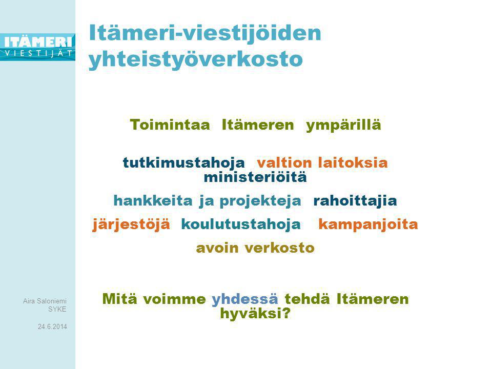 Laatija / käsittelijä 3 Itämeri-viestijöiden yhteistyöverkosto Toimintaa Itämeren ympärillä tutkimustahoja valtion laitoksia ministeriöitä hankkeita ja projekteja rahoittajia järjestöjä koulutustahoja kampanjoita avoin verkosto Mitä voimme yhdessä tehdä Itämeren hyväksi.