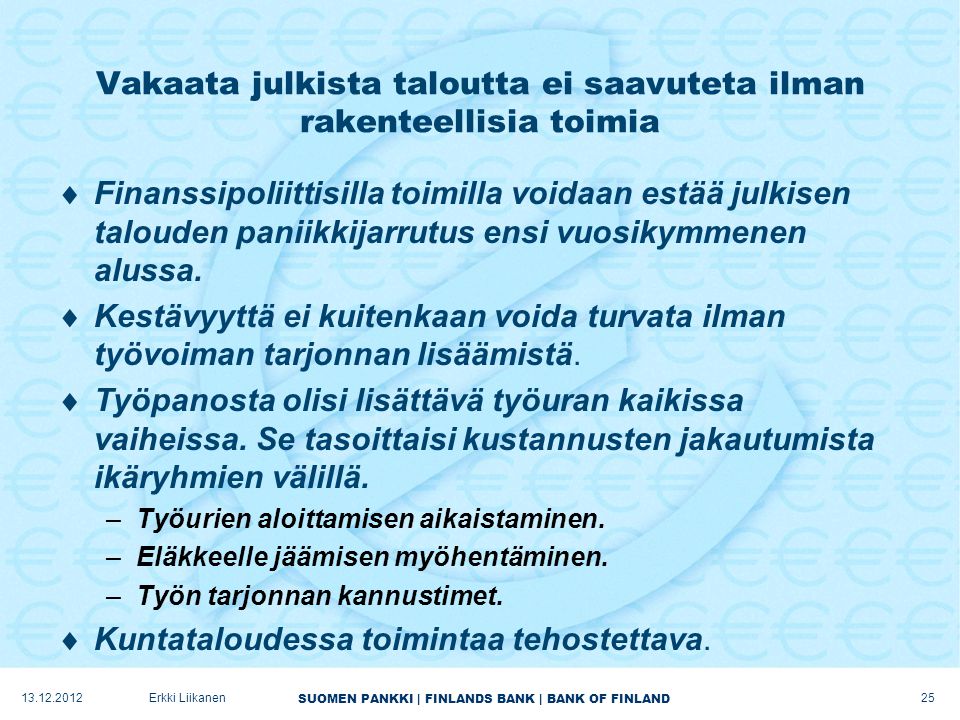 SUOMEN PANKKI | FINLANDS BANK | BANK OF FINLAND Vakaata julkista taloutta ei saavuteta ilman rakenteellisia toimia  Finanssipoliittisilla toimilla voidaan estää julkisen talouden paniikkijarrutus ensi vuosikymmenen alussa.