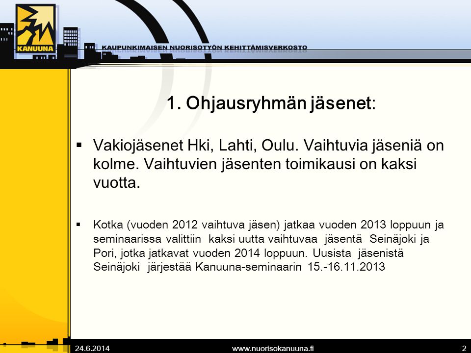 www.nuorisokanuuna.fi2 1. Ohjausryhmän jäsenet:  Vakiojäsenet Hki, Lahti, Oulu.