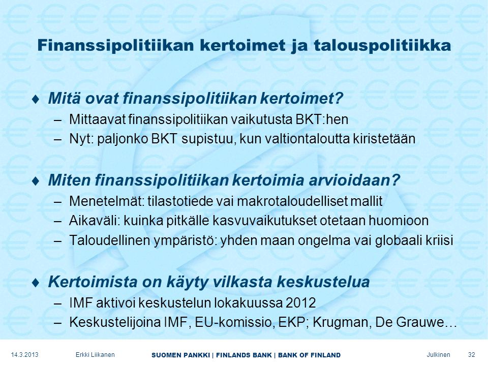 SUOMEN PANKKI | FINLANDS BANK | BANK OF FINLAND Julkinen Finanssipolitiikan kertoimet ja talouspolitiikka  Mitä ovat finanssipolitiikan kertoimet.