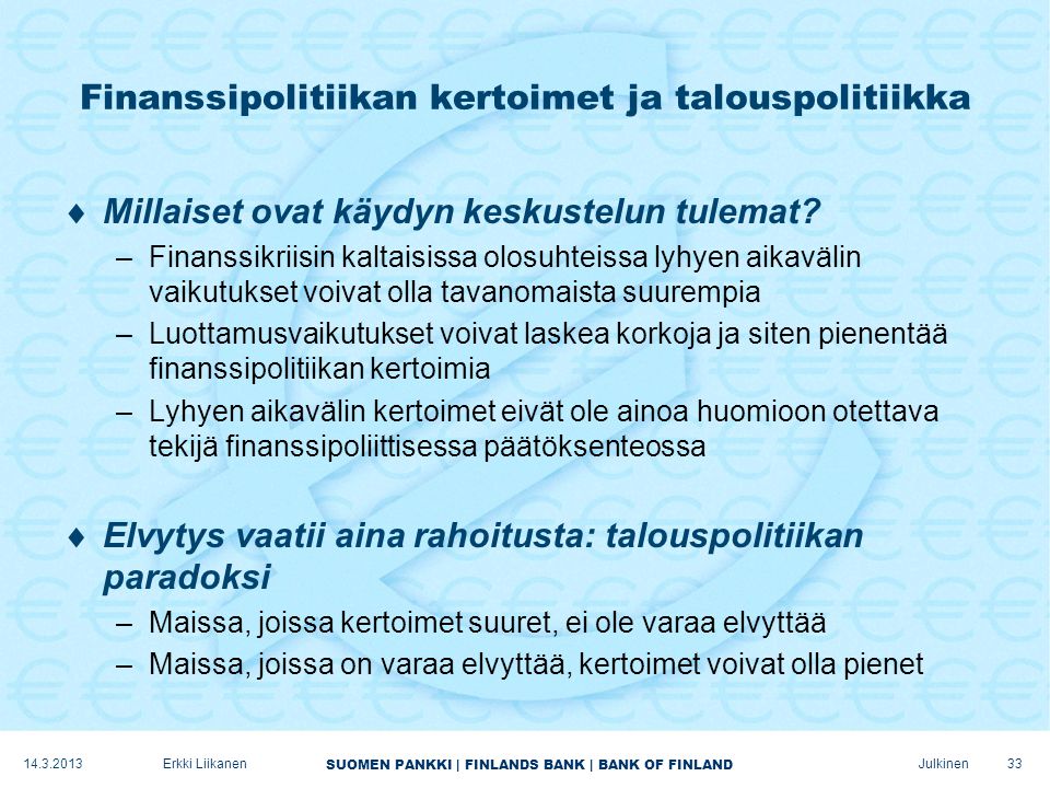 SUOMEN PANKKI | FINLANDS BANK | BANK OF FINLAND Julkinen Finanssipolitiikan kertoimet ja talouspolitiikka  Millaiset ovat käydyn keskustelun tulemat.
