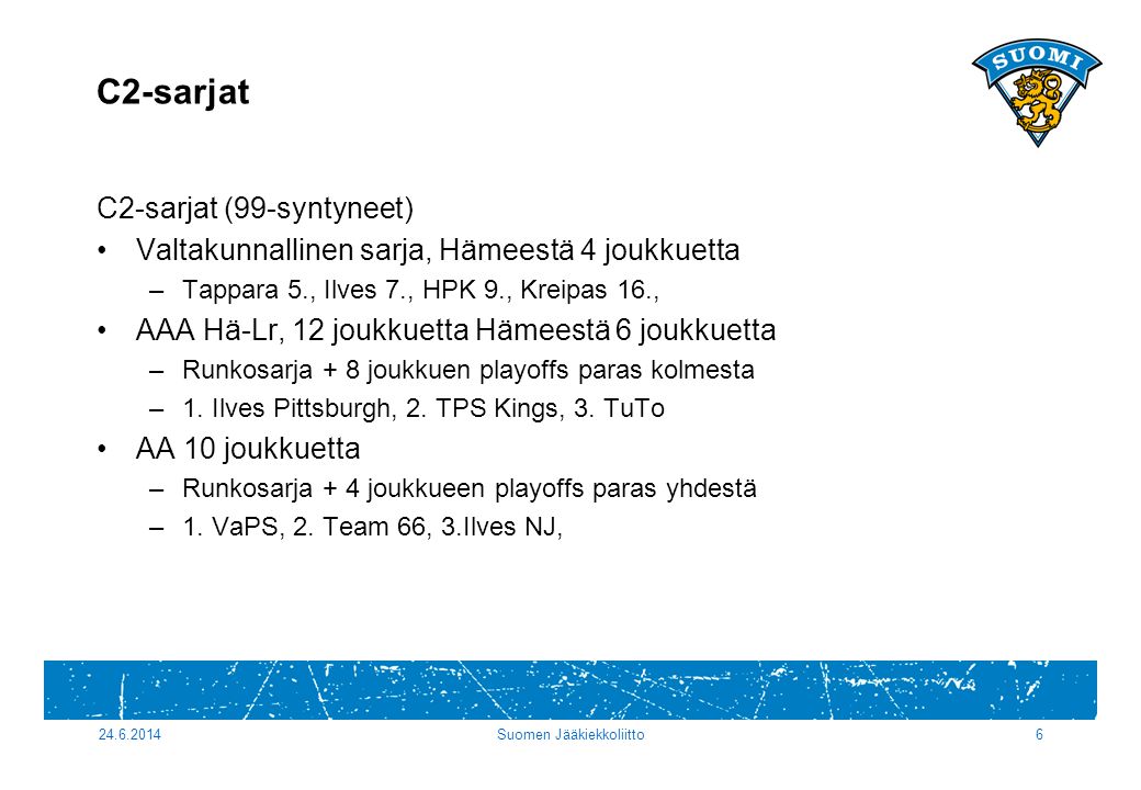 C2-sarjat C2-sarjat (99-syntyneet) •Valtakunnallinen sarja, Hämeestä 4 joukkuetta –Tappara 5., Ilves 7., HPK 9., Kreipas 16., •AAA Hä-Lr, 12 joukkuetta Hämeestä 6 joukkuetta –Runkosarja + 8 joukkuen playoffs paras kolmesta –1.