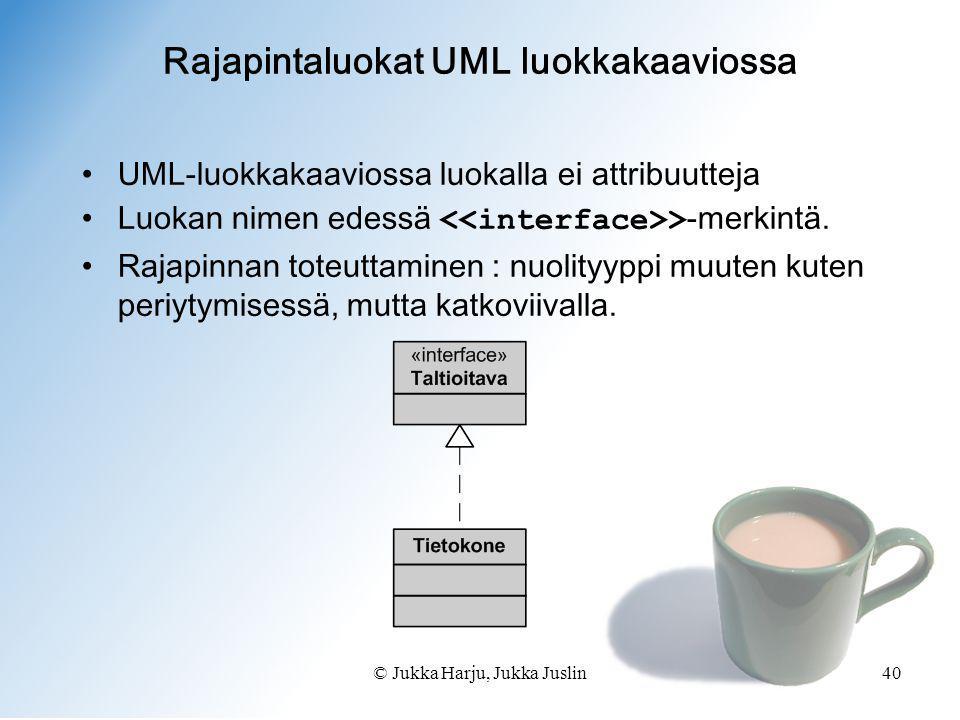 © Jukka Harju, Jukka Juslin40 Rajapintaluokat UML luokkakaaviossa •UML-luokkakaaviossa luokalla ei attribuutteja •Luokan nimen edessä > -merkintä.