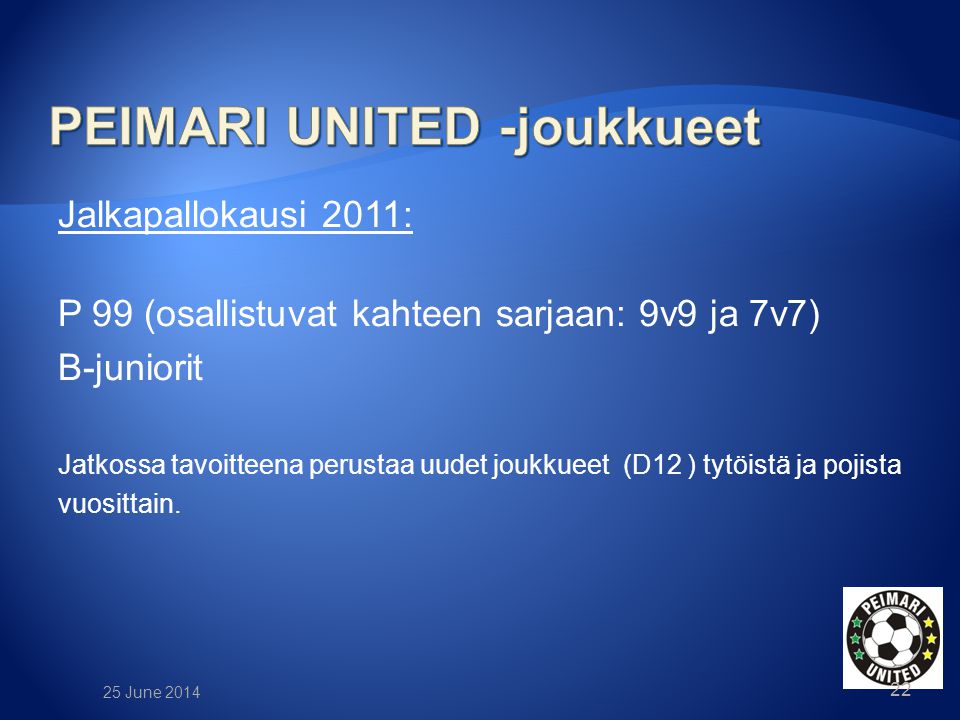 Jalkapallokausi 2011: P 99 (osallistuvat kahteen sarjaan: 9v9 ja 7v7) B-juniorit Jatkossa tavoitteena perustaa uudet joukkueet (D12 ) tytöistä ja pojista vuosittain.