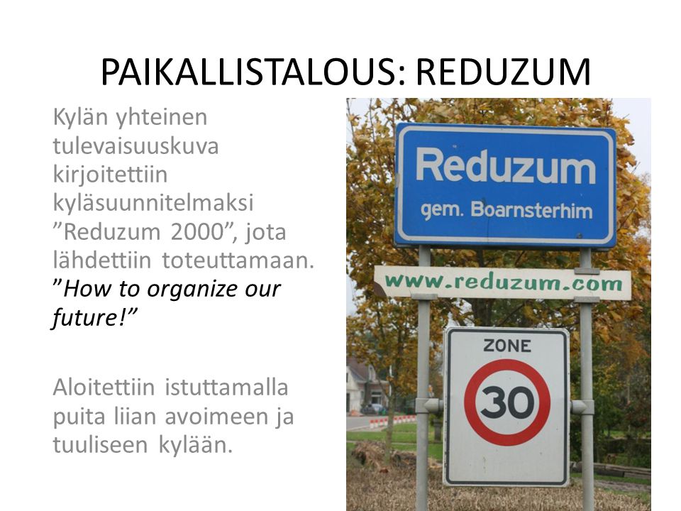 PAIKALLISTALOUS: REDUZUM Kylän yhteinen tulevaisuuskuva kirjoitettiin kyläsuunnitelmaksi Reduzum 2000 , jota lähdettiin toteuttamaan.