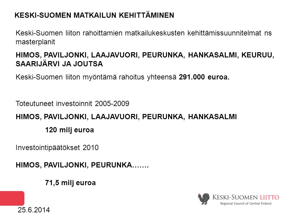 KESKI-SUOMEN MATKAILUN KEHITTÄMINEN Keski-Suomen liiton rahoittamien matkailukeskusten kehittämissuunnitelmat ns masterplanit HIMOS, PAVILJONKI, LAAJAVUORI, PEURUNKA, HANKASALMI, KEURUU, SAARIJÄRVI JA JOUTSA Keski-Suomen liiton myöntämä rahoitus yhteensä euroa.