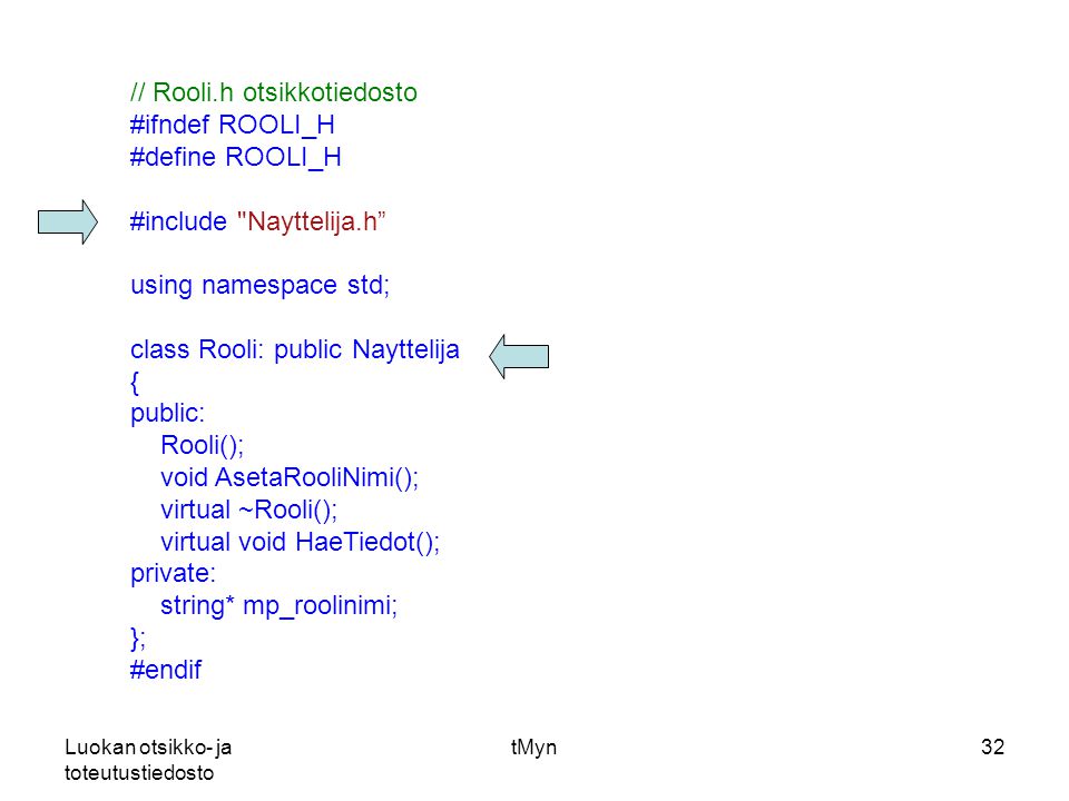 Luokan otsikko- ja toteutustiedosto tMyn32 // Rooli.h otsikkotiedosto #ifndef ROOLI_H #define ROOLI_H #include Nayttelija.h using namespace std; class Rooli: public Nayttelija { public: Rooli(); void AsetaRooliNimi(); virtual ~Rooli(); virtual void HaeTiedot(); private: string* mp_roolinimi; }; #endif