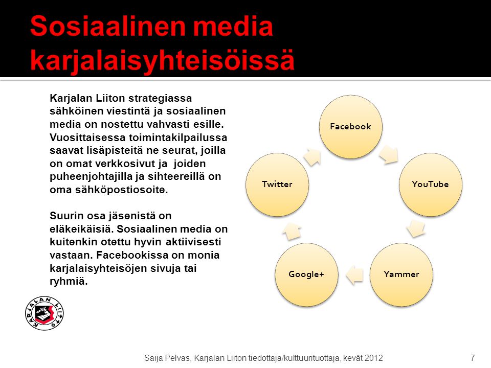 7 Karjalan Liiton strategiassa sähköinen viestintä ja sosiaalinen media on nostettu vahvasti esille.