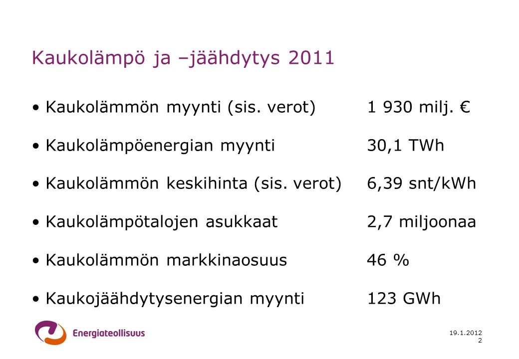 2 Kaukolämpö ja –jäähdytys 2011 •Kaukolämmön myynti (sis.