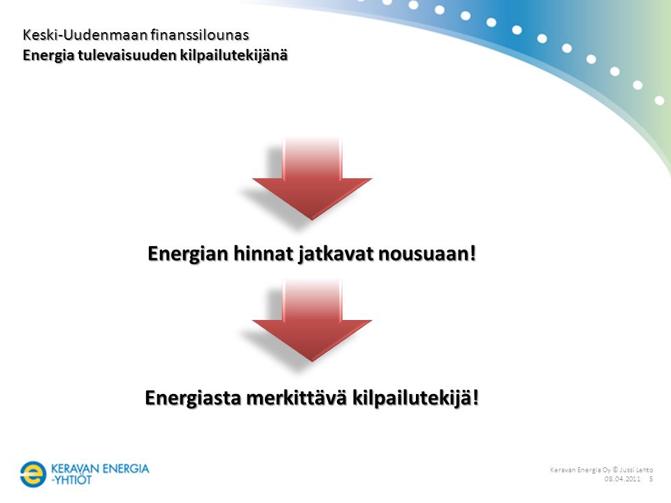 Keravan Energia Oy © Jussi Lehto Keski-Uudenmaan finanssilounas Energia tulevaisuuden kilpailutekijänä Energian hinnat jatkavat nousuaan.