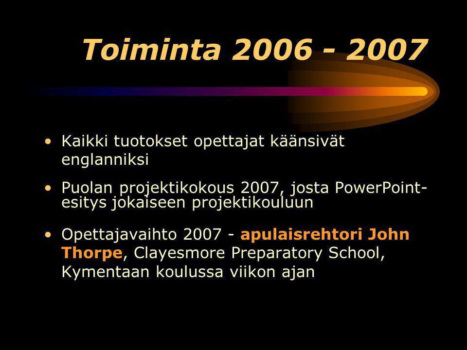 •Kaikki tuotokset opettajat käänsivät englanniksi •Puolan projektikokous 2007, josta PowerPoint- esitys jokaiseen projektikouluun •Opettajavaihto apulaisrehtori John Thorpe, Clayesmore Preparatory School, Kymentaan koulussa viikon ajan Toiminta