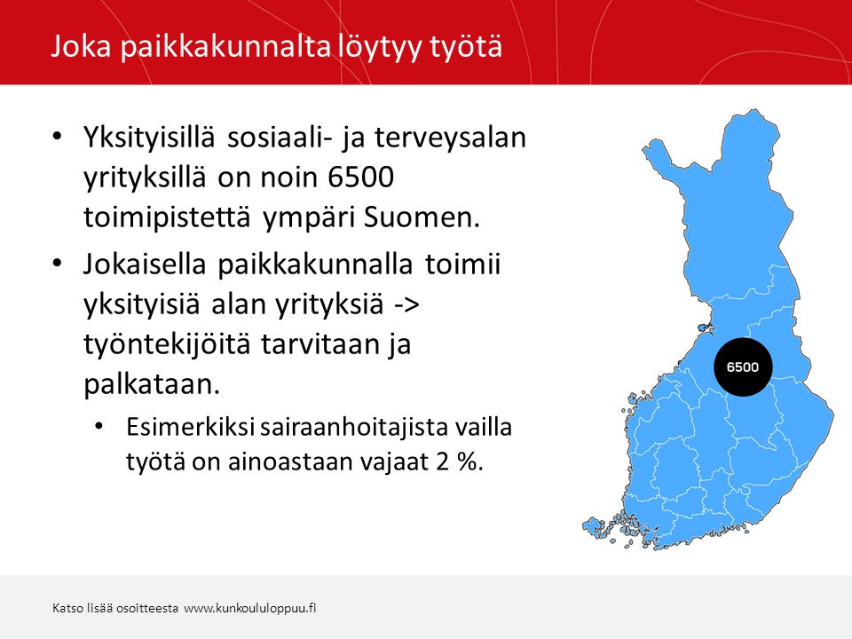 Joka paikkakunnalta löytyy työtä • Yksityisillä sosiaali- ja terveysalan yrityksillä on noin 6500 toimipistettä ympäri Suomen.