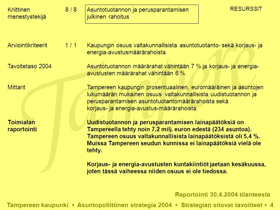 Raportointi tilanteesta Tampereen kaupunki • Asuntopoliittinen strategia 2004 • Strategian sitovat tavoitteet • 4 Asuntotuotannon ja perusparantamisen julkinen rahoitus Kaupungin osuus valtakunnallisista asuntotuotanto- sekä korjaus- ja energia-avustusmäärärahoista Asuntotuotannon määrärahat vähintään 7 % ja korjaus- ja energia- avustusten määrärahat vähintään 6 %.