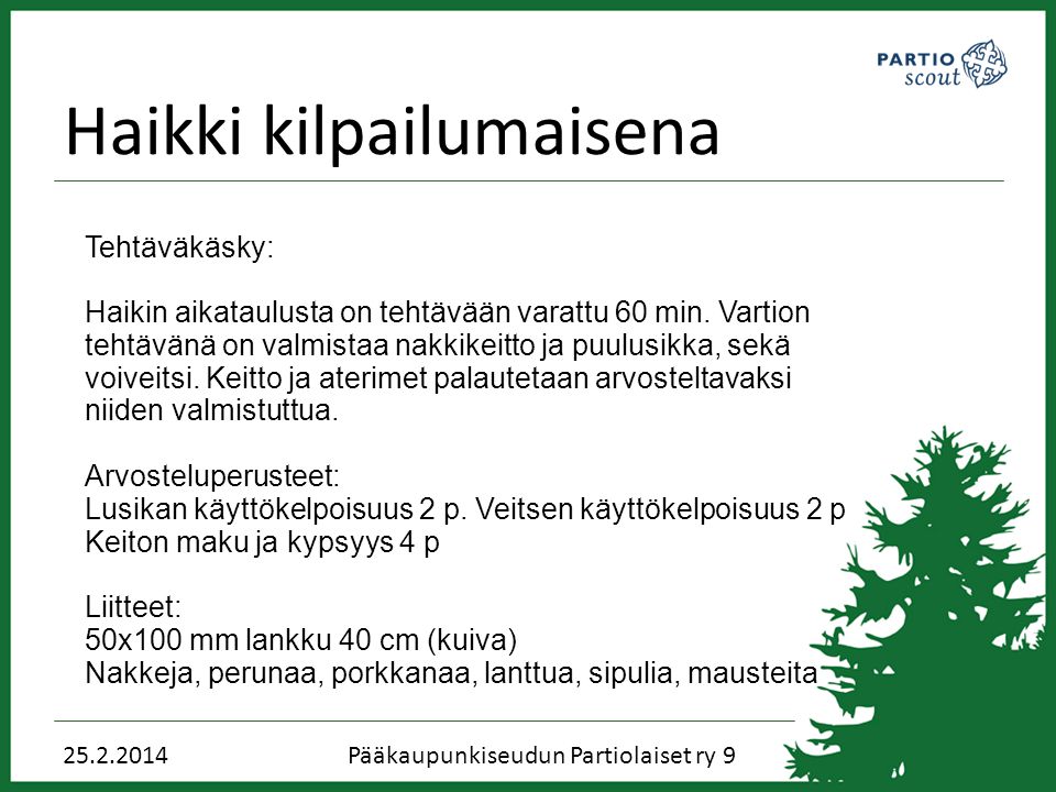 Haikki kilpailumaisena Pääkaupunkiseudun Partiolaiset ry9 Tehtäväkäsky: Haikin aikataulusta on tehtävään varattu 60 min.