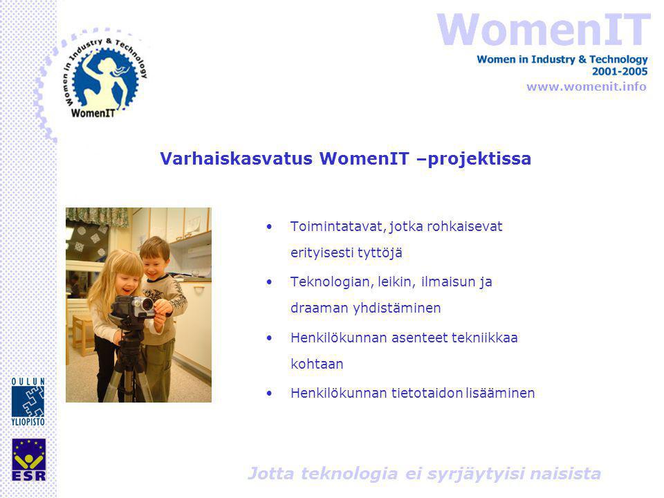 Jotta teknologia ei syrjäytyisi naisista Varhaiskasvatus WomenIT –projektissa •Toimintatavat, jotka rohkaisevat erityisesti tyttöjä •Teknologian, leikin, ilmaisun ja draaman yhdistäminen •Henkilökunnan asenteet tekniikkaa kohtaan •Henkilökunnan tietotaidon lisääminen