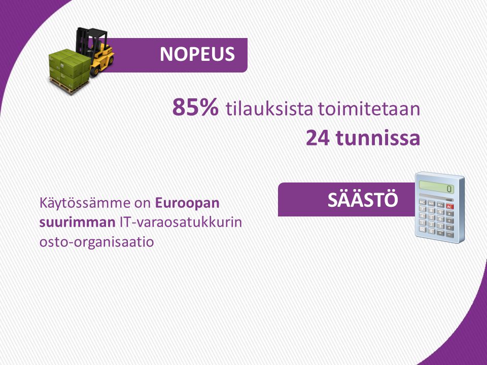 85% tilauksista toimitetaan 24 tunnissa Käytössämme on Euroopan suurimman IT-varaosatukkurin osto-organisaatio NOPEUS SÄÄSTÖ