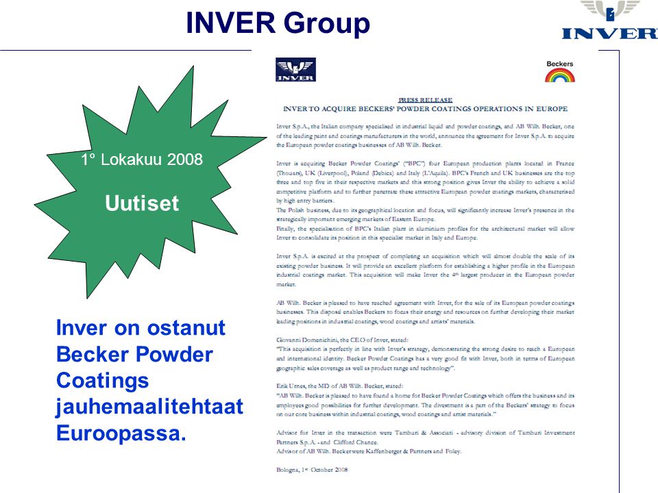 INVER Group Inver on ostanut Becker Powder Coatings jauhemaalitehtaat Euroopassa.