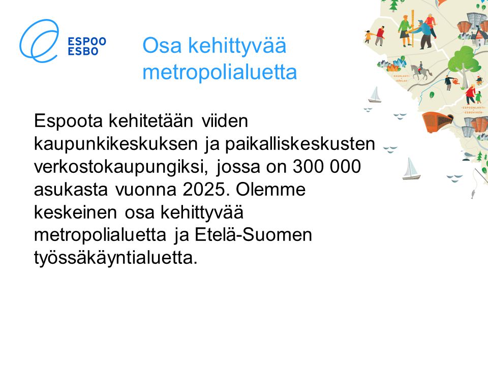 Osa kehittyvää metropolialuetta Espoota kehitetään viiden kaupunkikeskuksen ja paikalliskeskusten verkostokaupungiksi, jossa on asukasta vuonna 2025.