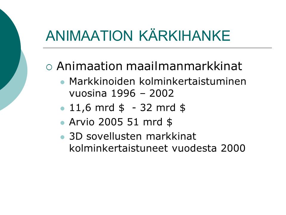 ANIMAATION KÄRKIHANKE  Animaation maailmanmarkkinat  Markkinoiden kolminkertaistuminen vuosina 1996 – 2002  11,6 mrd $ - 32 mrd $  Arvio mrd $  3D sovellusten markkinat kolminkertaistuneet vuodesta 2000