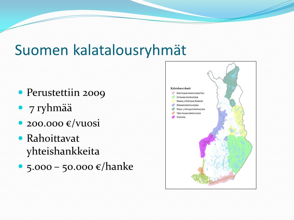 Suomen kalatalousryhmät  Perustettiin 2009  7 ryhmää  €/vuosi  Rahoittavat yhteishankkeita  – €/hanke