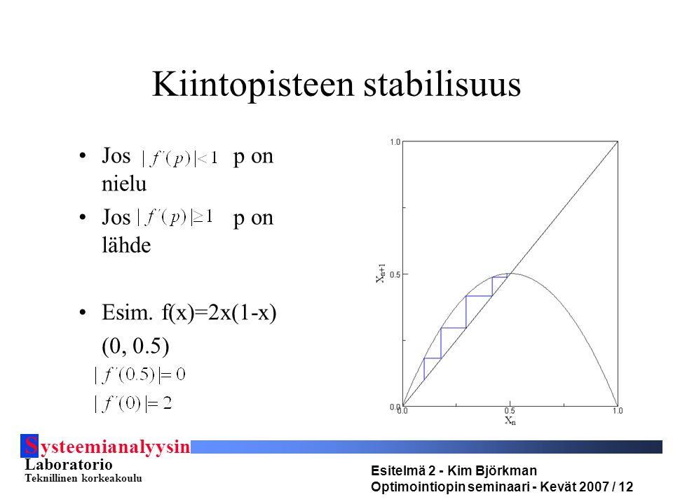 S ysteemianalyysin Laboratorio Teknillinen korkeakoulu Esitelmä 2 - Kim Björkman Optimointiopin seminaari - Kevät 2007 / 12 Kiintopisteen stabilisuus •Josp on nielu •Josp on lähde •Esim.