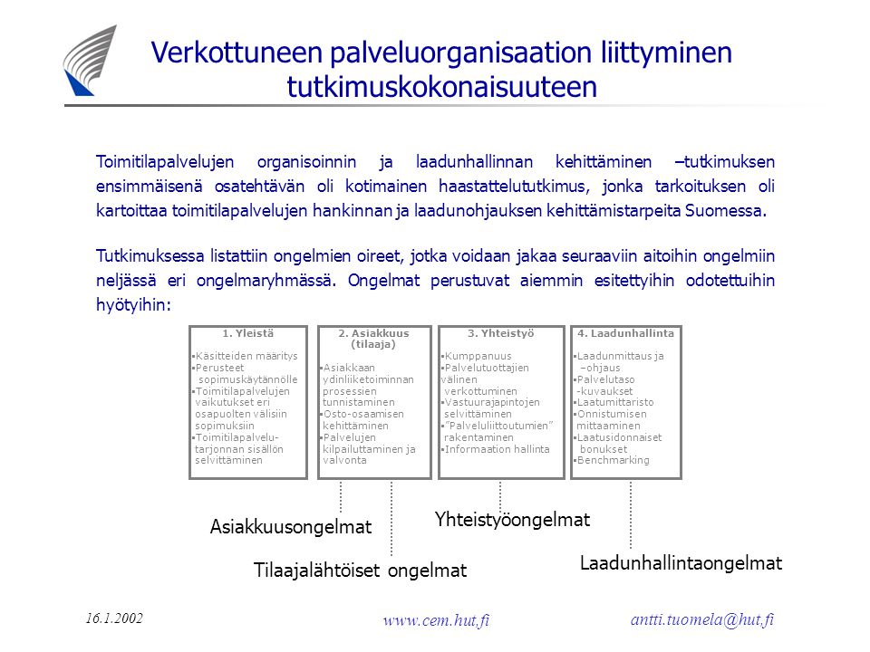 Verkottuneen palveluorganisaation liittyminen tutkimuskokonaisuuteen Toimitilapalvelujen organisoinnin ja laadunhallinnan kehittäminen –tutkimuksen ensimmäisenä osatehtävän oli kotimainen haastattelututkimus, jonka tarkoituksen oli kartoittaa toimitilapalvelujen hankinnan ja laadunohjauksen kehittämistarpeita Suomessa.
