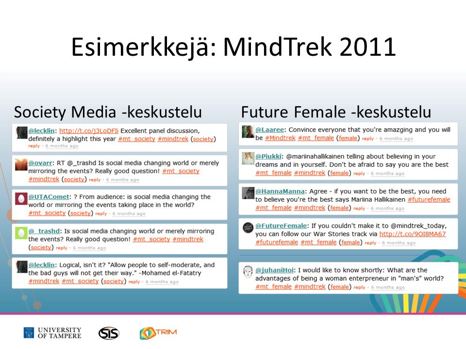 Esimerkkejä: MindTrek 2011 Society Media -keskusteluFuture Female -keskustelu