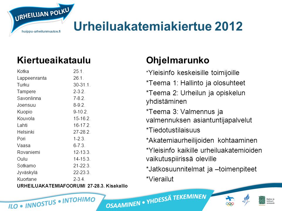 huippu-urheilunmuutos.fi Urheiluakatemiakiertue 2012 Kiertueaikataulu Kotka25.1.