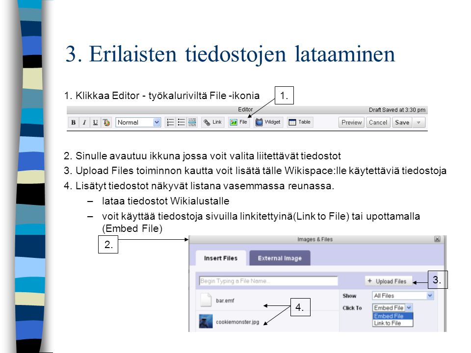 3. Erilaisten tiedostojen lataaminen 1. Klikkaa Editor - työkaluriviltä File -ikonia 2.