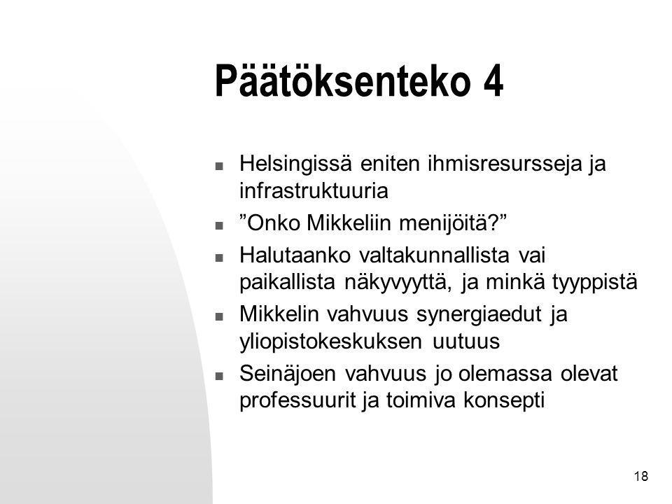 18 Päätöksenteko 4 Helsingissä eniten ihmisresursseja ja infrastruktuuria Onko Mikkeliin menijöitä Halutaanko valtakunnallista vai paikallista näkyvyyttä, ja minkä tyyppistä Mikkelin vahvuus synergiaedut ja yliopistokeskuksen uutuus Seinäjoen vahvuus jo olemassa olevat professuurit ja toimiva konsepti