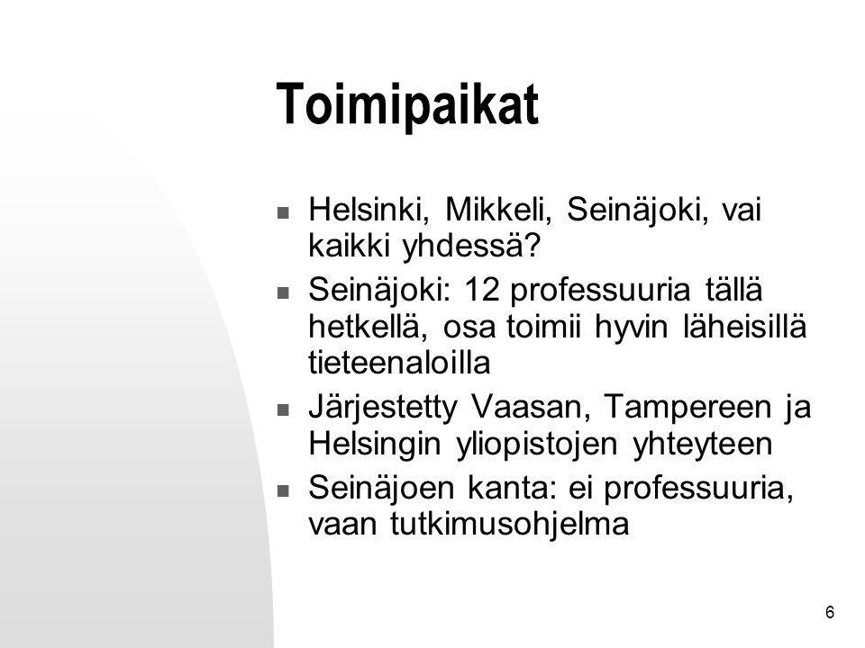 6 Toimipaikat Helsinki, Mikkeli, Seinäjoki, vai kaikki yhdessä.
