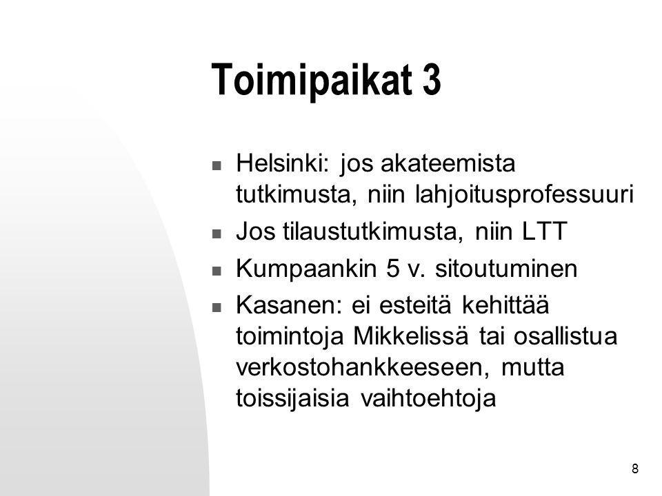 8 Toimipaikat 3 Helsinki: jos akateemista tutkimusta, niin lahjoitusprofessuuri Jos tilaustutkimusta, niin LTT Kumpaankin 5 v.
