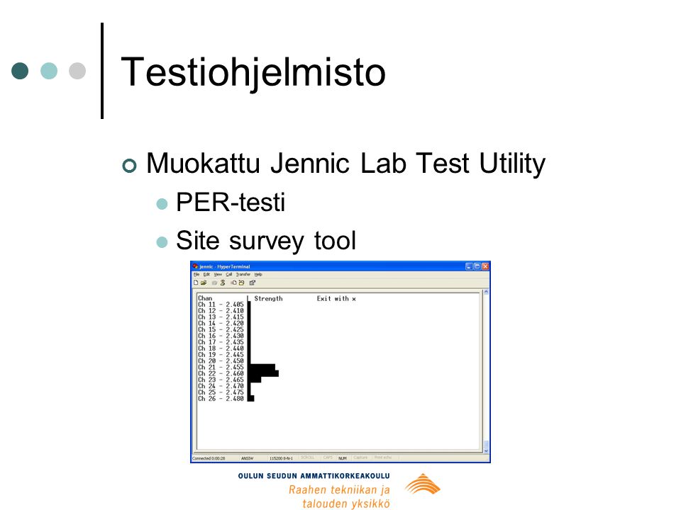 Testiohjelmisto Muokattu Jennic Lab Test Utility  PER-testi  Site survey tool