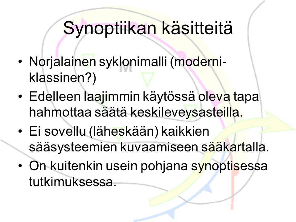 Synoptiikan käsitteitä •Norjalainen syklonimalli (moderni- klassinen ) •Edelleen laajimmin käytössä oleva tapa hahmottaa säätä keskileveysasteilla.