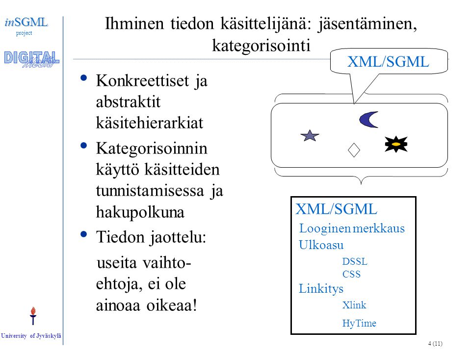 4 (11) inSGML project University of Jyväskylä Ihminen tiedon käsittelijänä: jäsentäminen, kategorisointi • Konkreettiset ja abstraktit käsitehierarkiat • Kategorisoinnin käyttö käsitteiden tunnistamisessa ja hakupolkuna • Tiedon jaottelu: useita vaihto- ehtoja, ei ole ainoaa oikeaa.