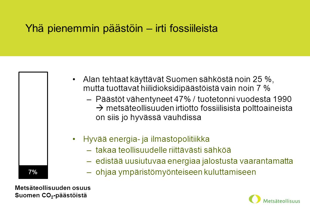Yhä pienemmin päästöin – irti fossiileista •Alan tehtaat käyttävät Suomen sähköstä noin 25 %, mutta tuottavat hiilidioksidipäästöistä vain noin 7 % –Päästöt vähentyneet 47% / tuotetonni vuodesta 1990  metsäteollisuuden irtiotto fossiilisista polttoaineista on siis jo hyvässä vauhdissa •Hyvää energia- ja ilmastopolitiikka –takaa teollisuudelle riittävästi sähköä –edistää uusiutuvaa energiaa jalostusta vaarantamatta –ohjaa ympäristömyönteiseen kuluttamiseen 7% Metsäteollisuuden osuus Suomen CO 2 -päästöistä