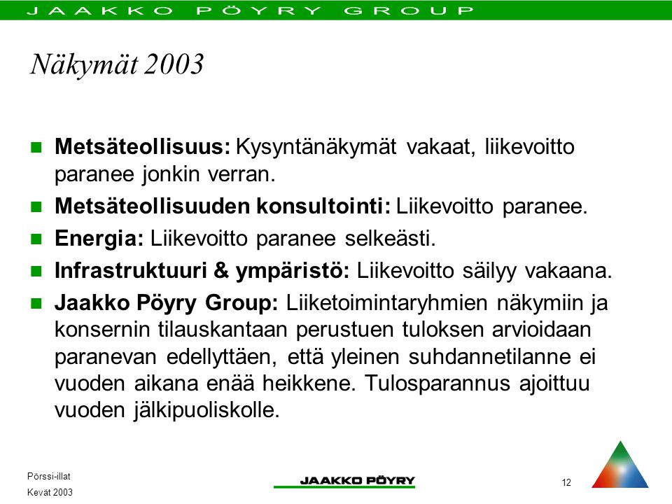 12 Pörssi-illat Kevät 2003 Näkymät 2003  Metsäteollisuus: Kysyntänäkymät vakaat, liikevoitto paranee jonkin verran.