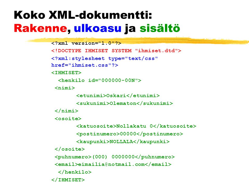 Koko XML-dokumentti: Rakenne, ulkoasu ja sisältö Oskari Olematon Nollakatu NOLLALA (000)