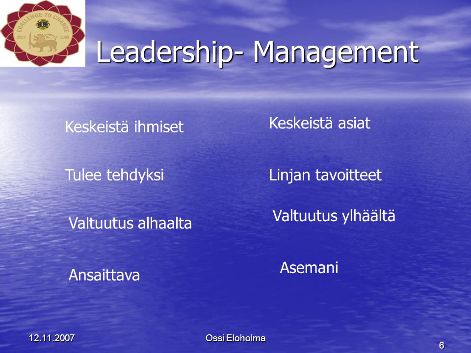 Ossi Eloholma 6 Leadership- Management Keskeistä ihmiset Keskeistä asiat Tulee tehdyksiLinjan tavoitteet Valtuutus alhaalta Valtuutus ylhäältä Ansaittava Asemani