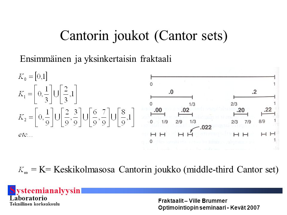 S ysteemianalyysin Laboratorio Teknillinen korkeakoulu Fraktaalit – Ville Brummer Optimointiopin seminaari - Kevät 2007 Cantorin joukot (Cantor sets) = K= Keskikolmasosa Cantorin joukko (middle-third Cantor set) Ensimmäinen ja yksinkertaisin fraktaali