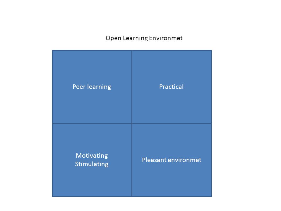 Peer learningPractical Motivating Stimulating Pleasant environmet Open Learning Environmet